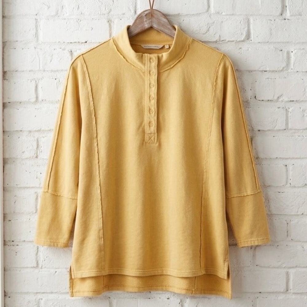 Soft Surroundings Yellow Cotton Terry Henley Funnel Neck Exposed Seam Top 2XL